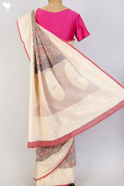 Kota Doria Saree With Chikankari Embroidery In Floral Block Print