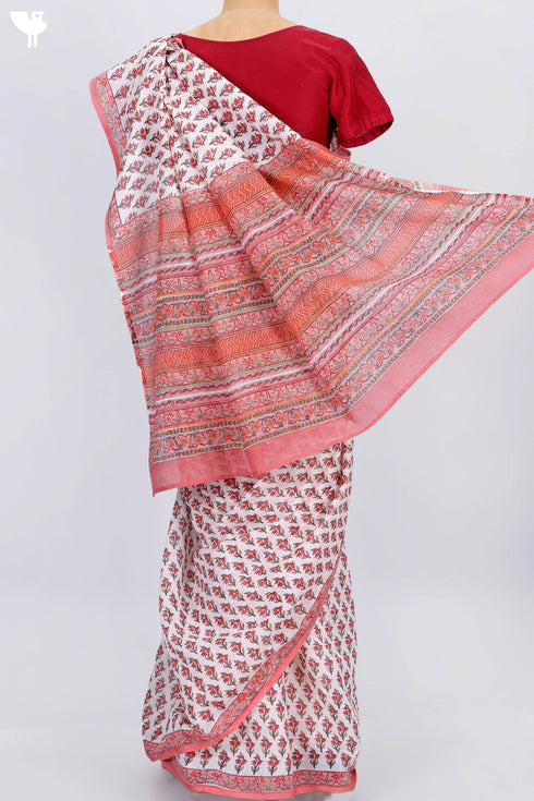 Kota Doria Saree In Floral Block Print