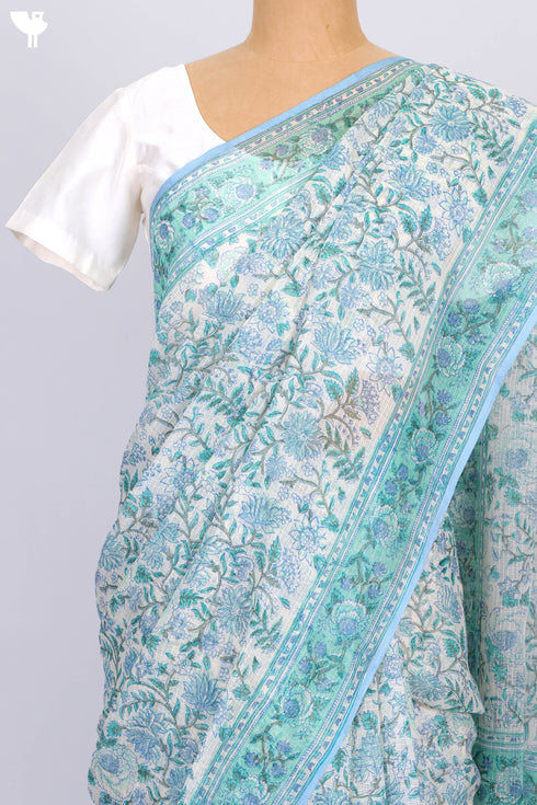 Kota Doria Saree In Floral Block Print