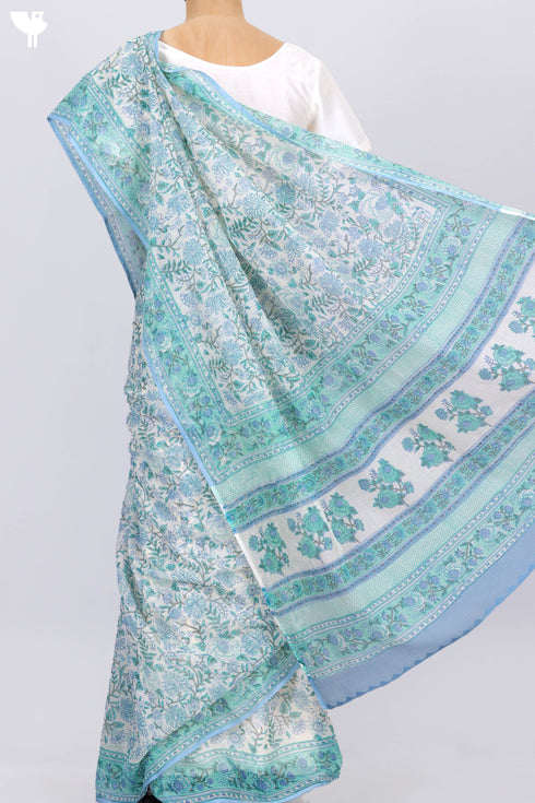 Kota Doria Saree In Floral Block Print
