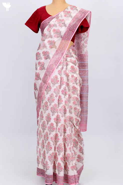 Kota Doria Saree In Floral Block Print