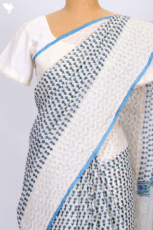Kota Doria Saree In Floral Block Printwith Chikankari Embroidery