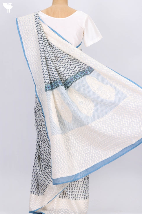 Kota Doria Saree In Floral Block Printwith Chikankari Embroidery