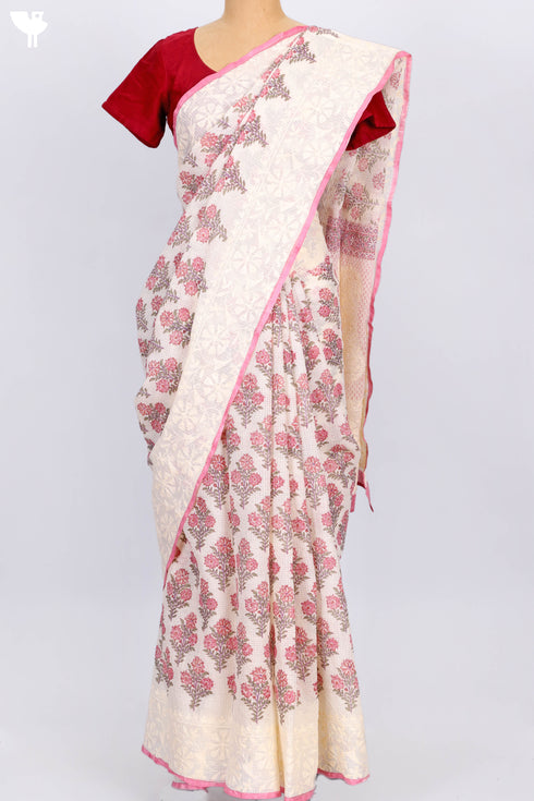 Kota Doria Saree In Floral Block Printwith Chikankari Embroidery