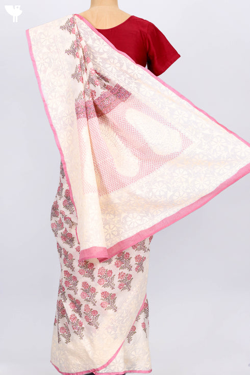 Kota Doria Saree In Floral Block Printwith Chikankari Embroidery
