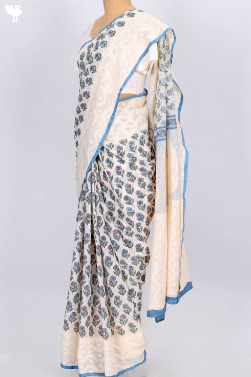 Kota Doria Saree In Floral Block Printwith Chikankari Embroidery