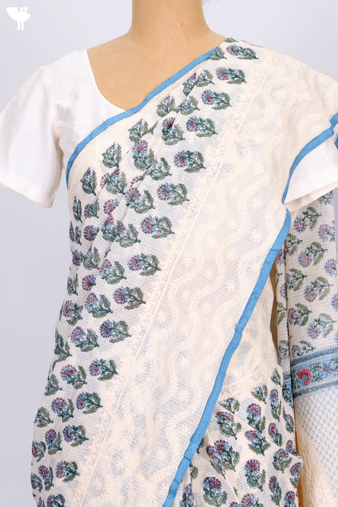Kota Doria Saree In Floral Block Printwith Chikankari Embroidery