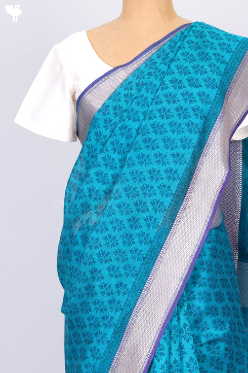 Maheshwari Silk Saree In Yellow Tan and Rose Pink Floral Block Print