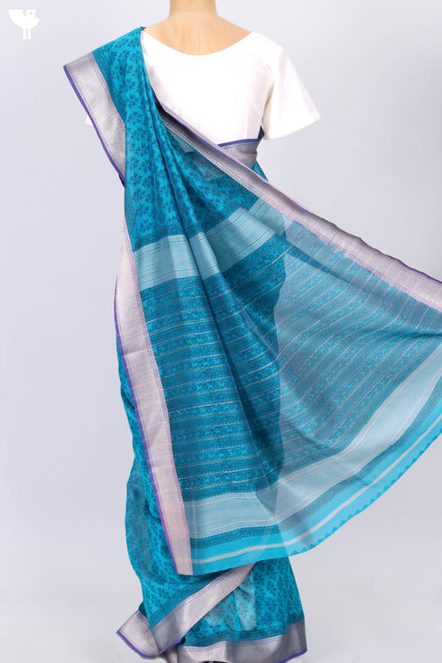 Maheshwari Silk Saree In Yellow Tan and Rose Pink Floral Block Print
