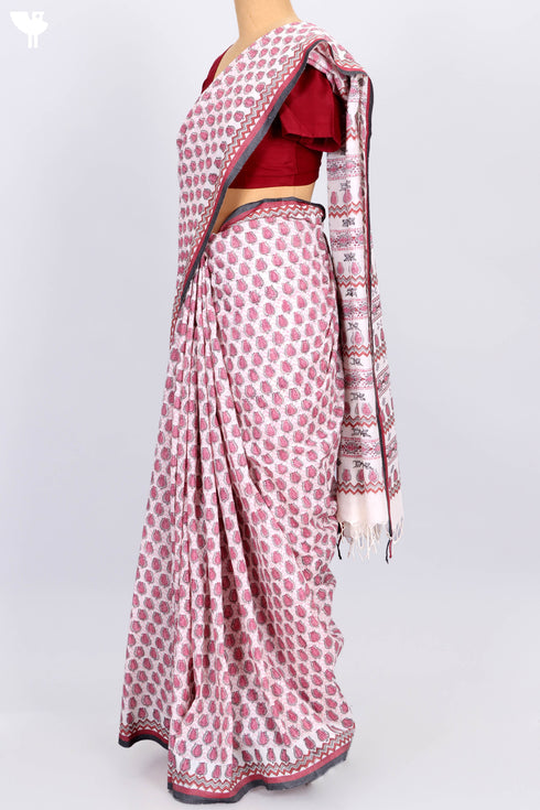 Bengal Cotton Saree In Graphic Block Print