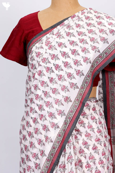 Bengal Cotton Saree In Floral Block Print