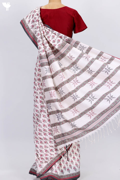 Bengal Cotton Saree In Floral Block Print