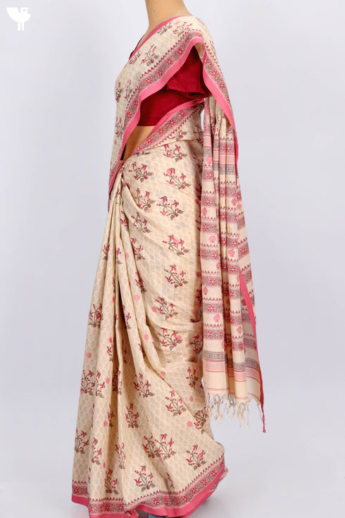 Bengal Cotton Saree In Floral Block Print
