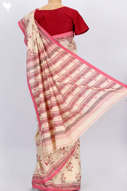 Bengal Cotton Saree In Floral Block Print