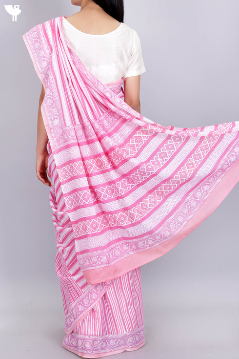 Mulmul Cotton Saree In Block Print