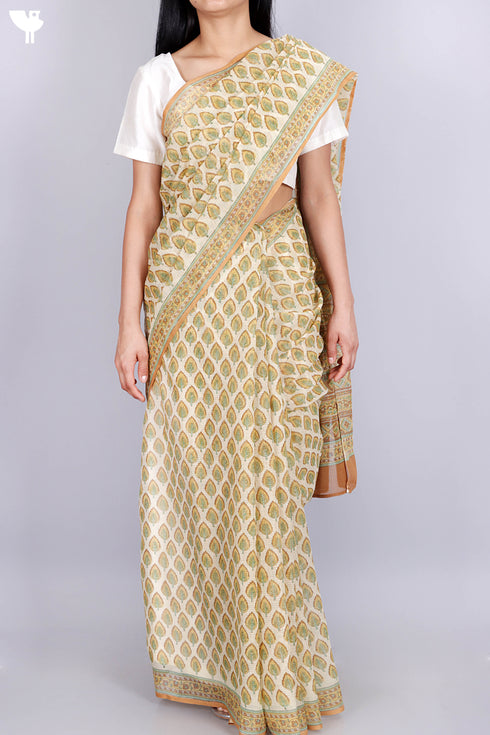 Kota Doria Saree In Floral Block Print