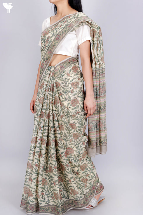 Kota Doria Saree In Floral Block Print