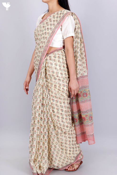Kota Doria Saree In Floral Block Print