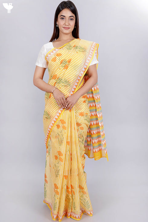 Kota Doria Saree In Floral Block Print