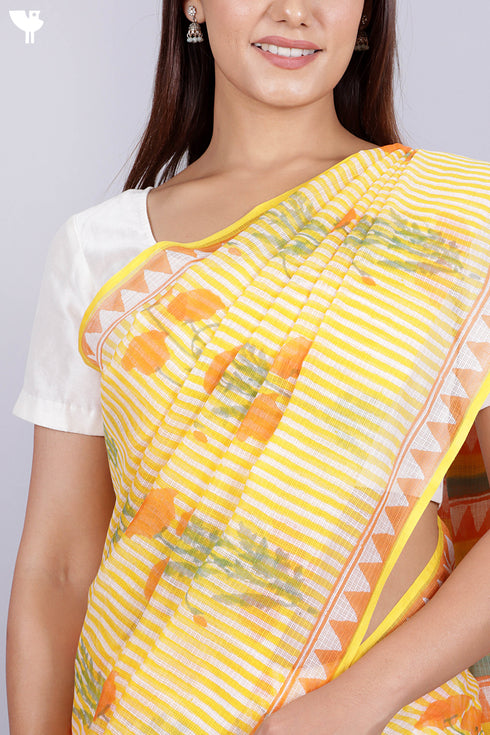 Kota Doria Saree In Floral Block Print
