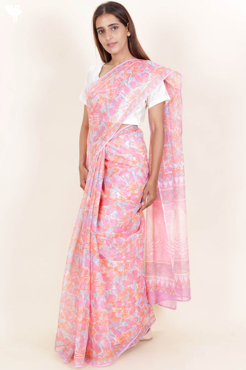 Kota Doria Saree In Floral Block Print
