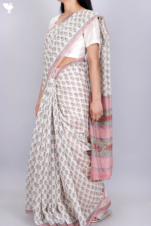 Maheshwari Saree In Floral Block Print