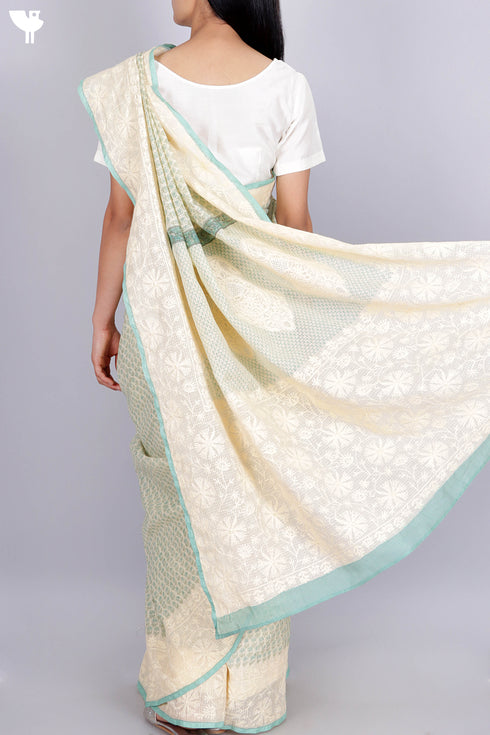 Kota Doria Saree In Floral Block Print with Chikankari Embroidery