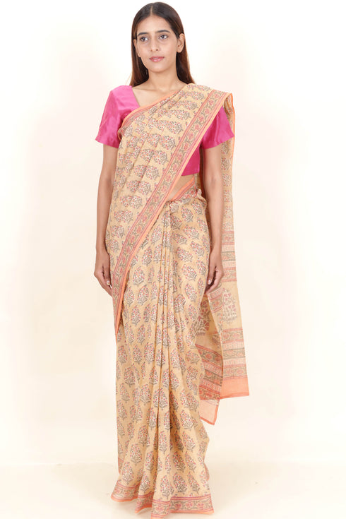 Chanderi Silk Saree In Floral Block Print