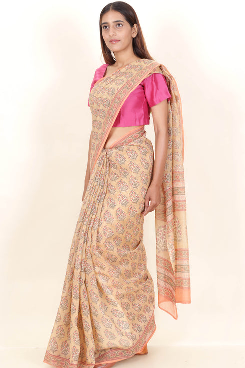 Chanderi Silk Saree In Floral Block Print