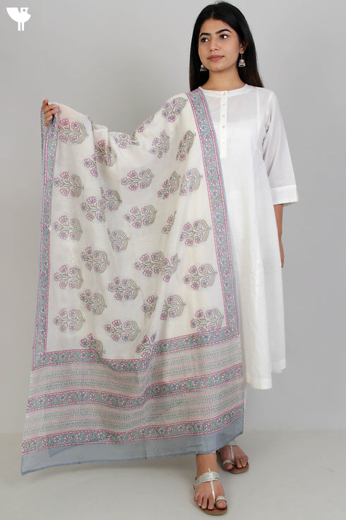 Chanderi Silk Dupatta In Floral Block Print