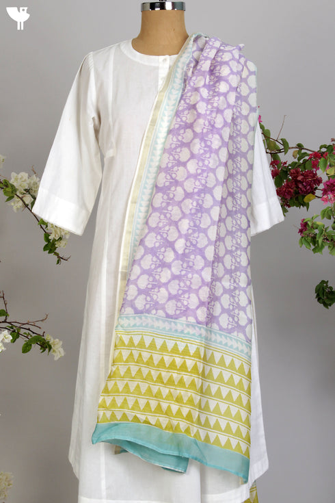 Chanderi Silk Dupatta in a Soft Lilac Floral with Zari Border