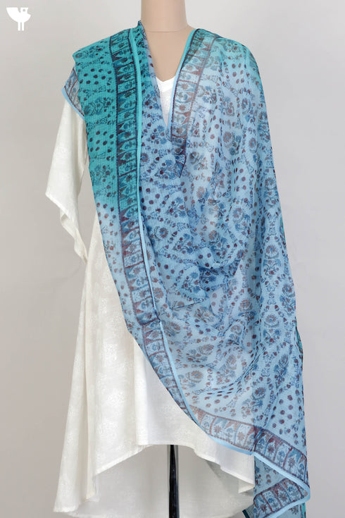 Kota Doria Dupatta In Floral Block Print
