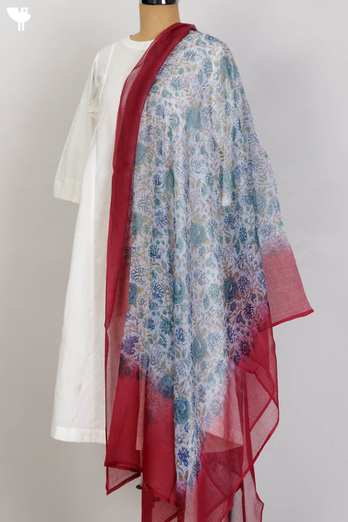 Kota Doria Dupatta In Floral Block Print