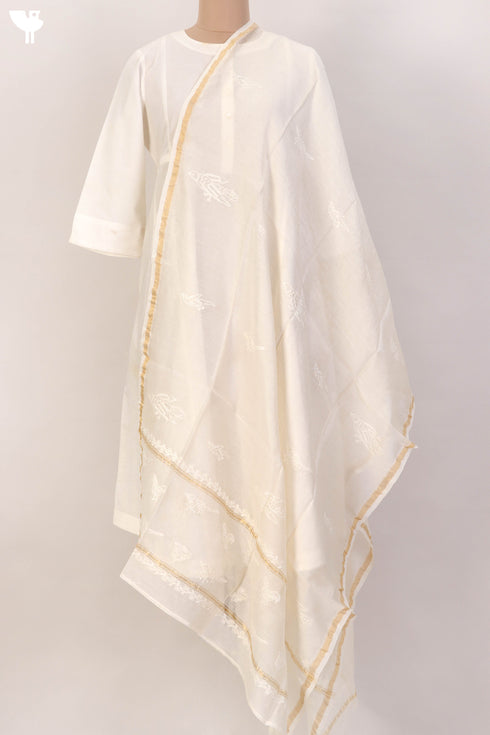 Chanderi Silk Dupatta With Chikankari Embroidery