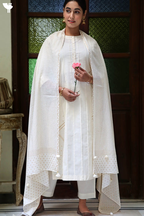 Mulmul Cotton Dupatta in Gold Block Print