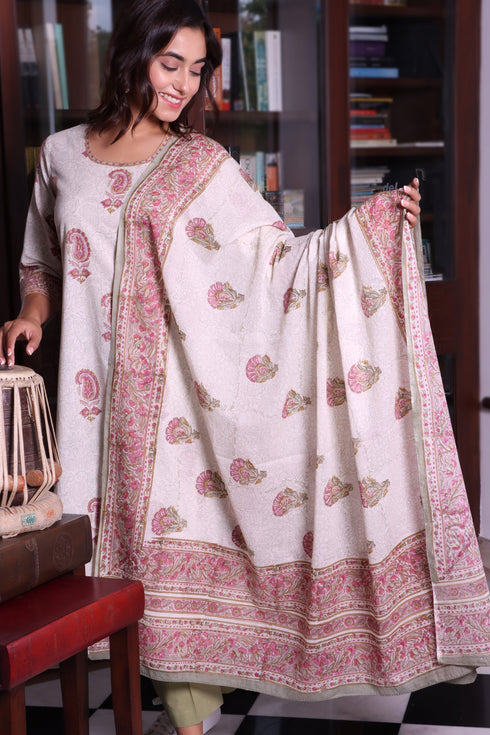 Mulmul Cotton Dupatta In Floral Block Print