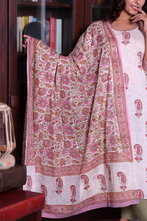Mulmul Cotton Dupatta In Floral Block Print