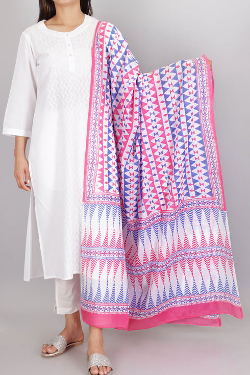 Mulmul Cotton Dupatta In Graphic Block Print