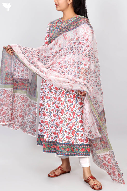 Kota Doria Dupatta In Assorted Block Print