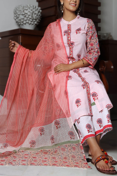 Kota Doria Dupatta In Assorted Block Print