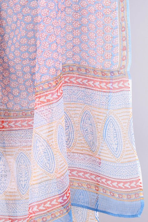 Kota Doria Dupatta With Assorted Block Print