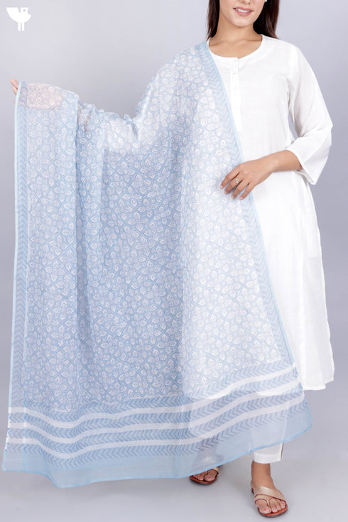 Kota Doria Dupatta In Block Print