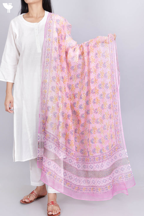 Kota Doria Dupatta In Floral Block Print