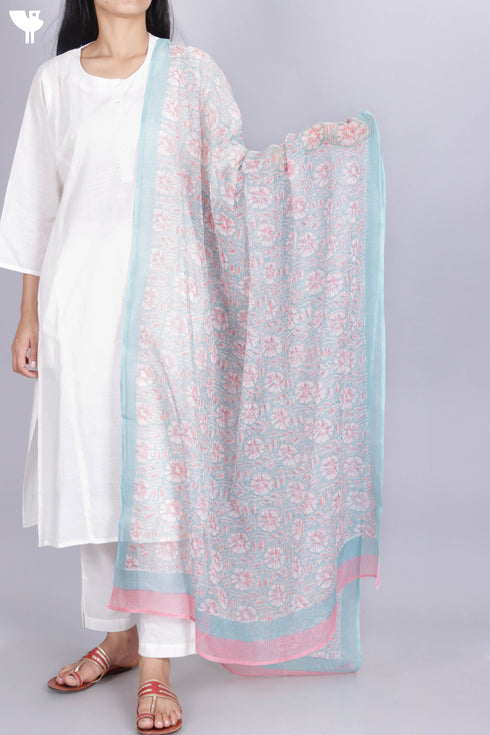 Kota Doria Dupatta In Floral Block Print