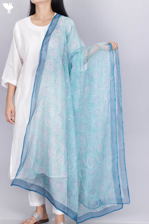 Kota Doria Dupatta in Graphic Block Print
