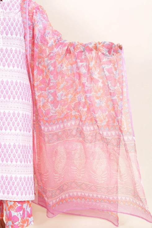 Kota Doria Dupatta In Floral Block Print