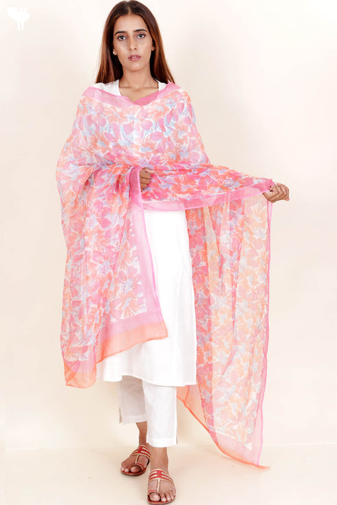Kota Doria Dupatta In Floral Block Print