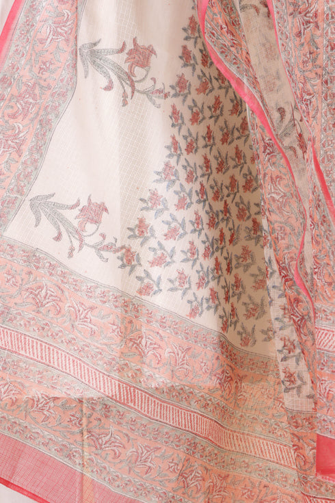 Kota Doria Dupatta With Floral Block Print