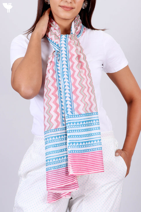 Mulmul Cotton Stole In Geometric Block Print