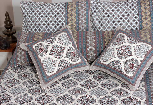 20s Cotton Cushion Cover In Grey, Bordeaux Red and Steel Blue Floral Block Print